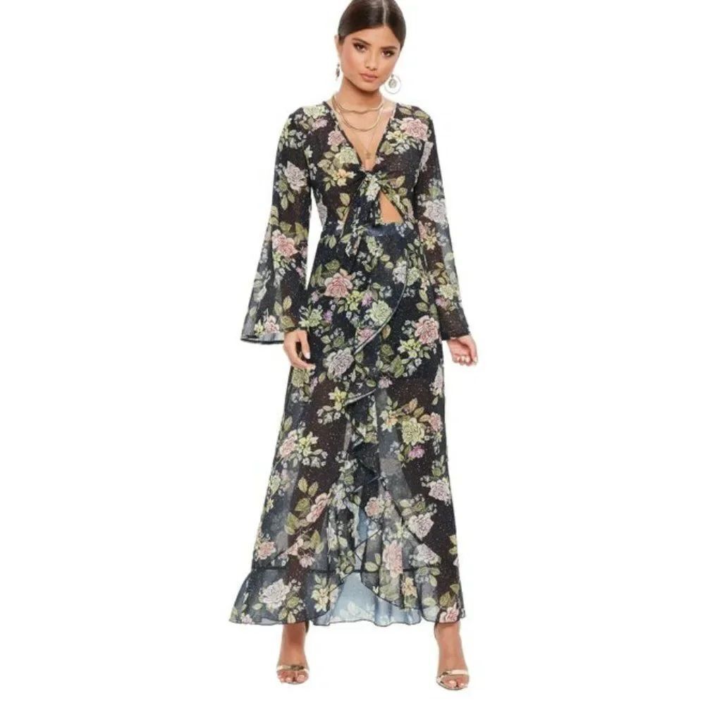 Missguided Black Floral Print Tie Front lLong Sleeves Boho Maxi Dress 8